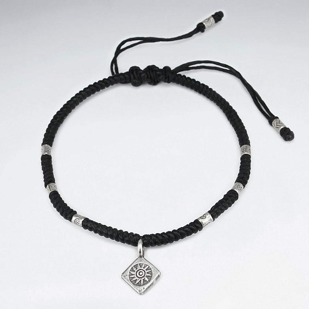 Black Waxed Cotton Marquis Sun Charm Bracelet