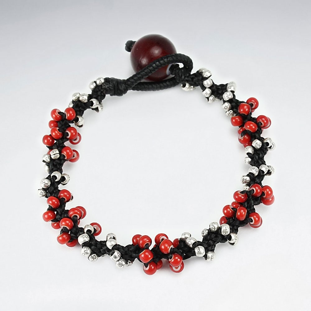 Black Waxed Cotton & Red Bead Cluster Bracelet