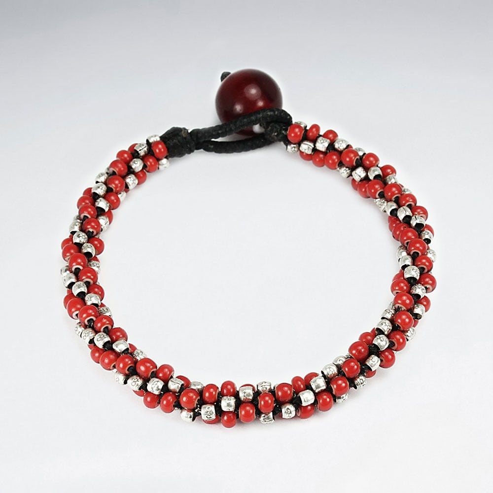 Black Waxed Cotton & Full Red Bead Twist Wrap Bracelet
