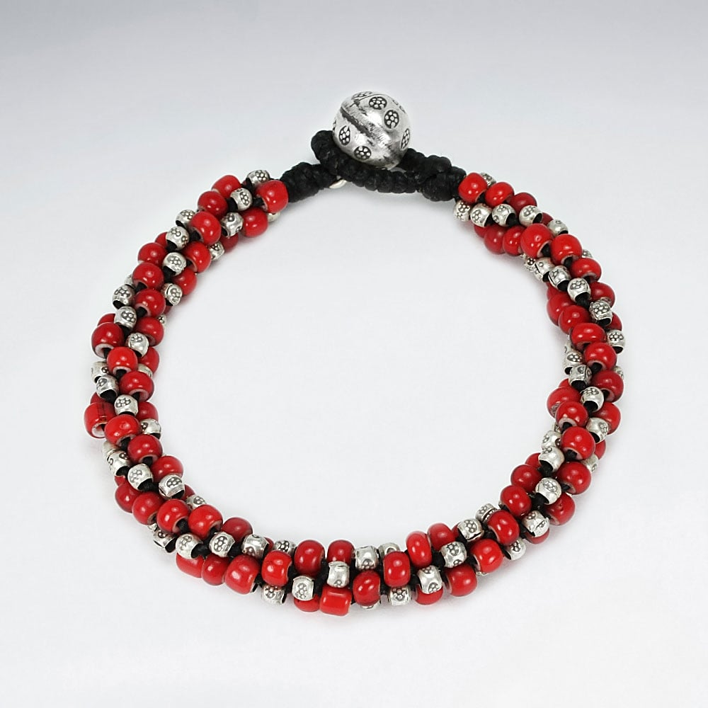 Black Waxed Cotton & Full Red Bead Twist Accent Bracelet