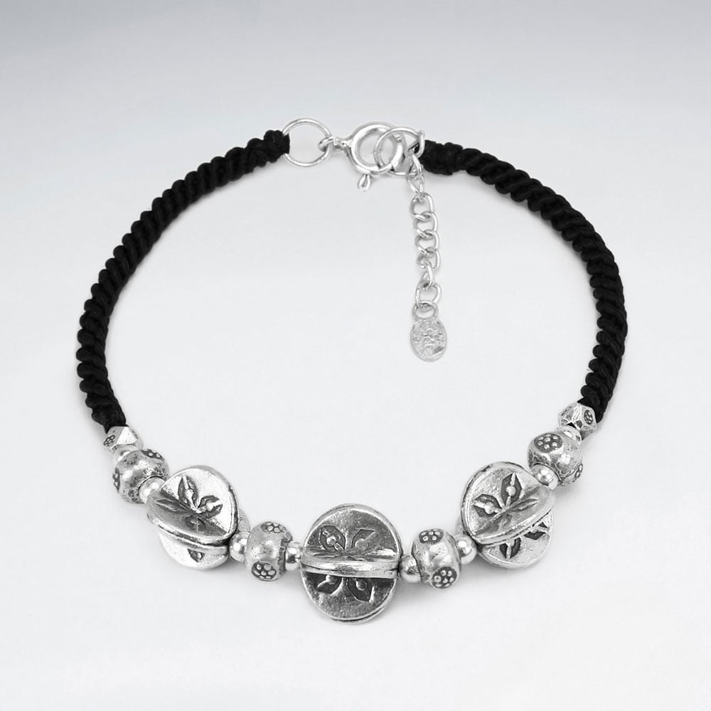 Black Waxed Cotton Dimensional Triple Charm Bracelet