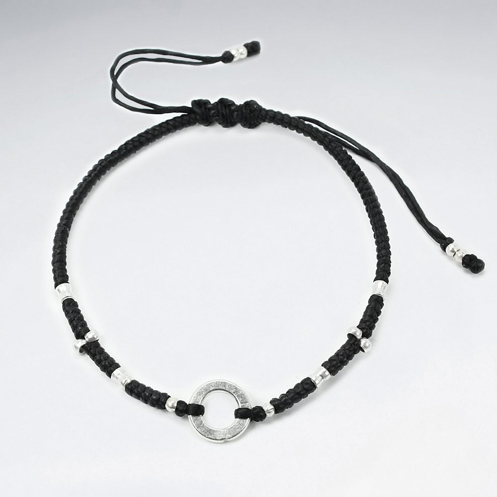 Black Waxed Cotton Open Circle Charm & Bead Bracelet