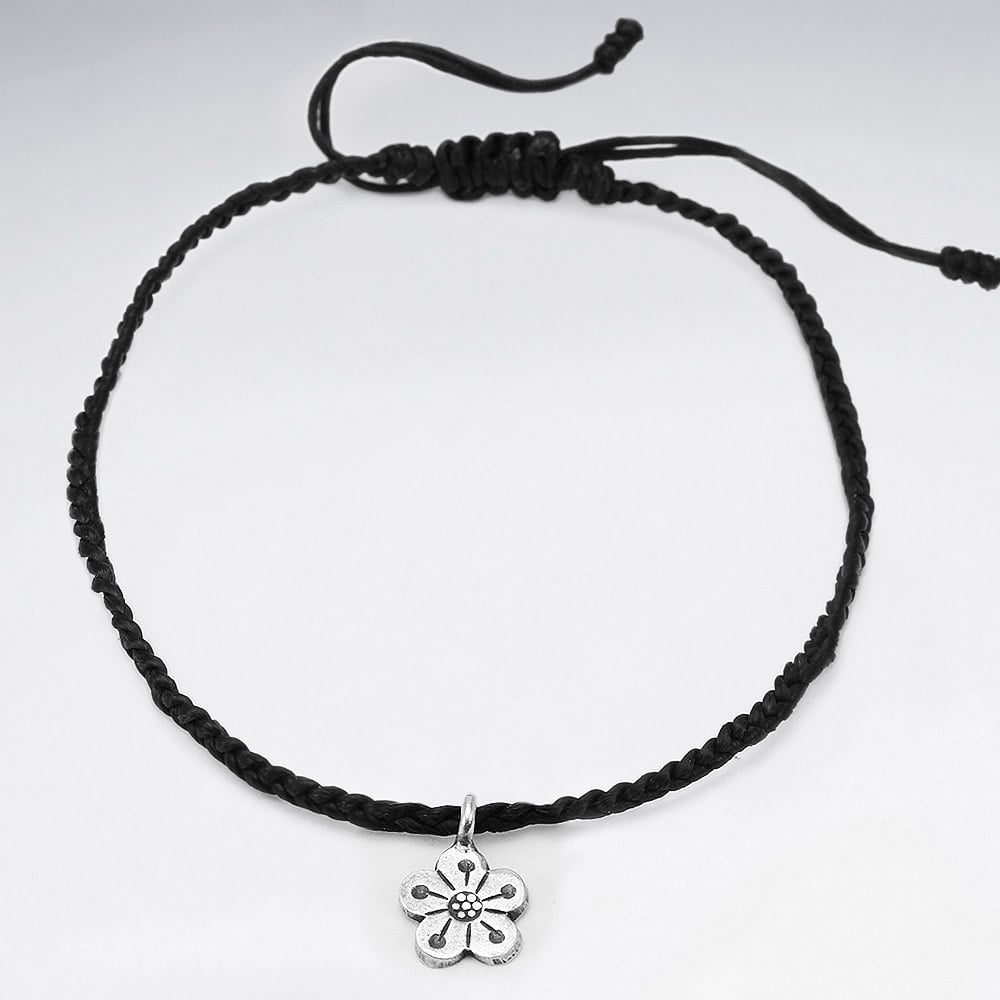 Waxed Cotton Silver Flower Anklet