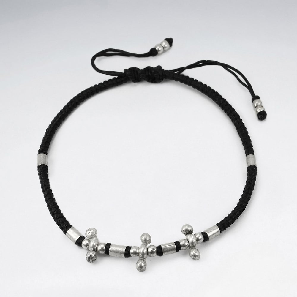 Black Waxed Corded Silver Ball Spike Studded Bead Bracelet