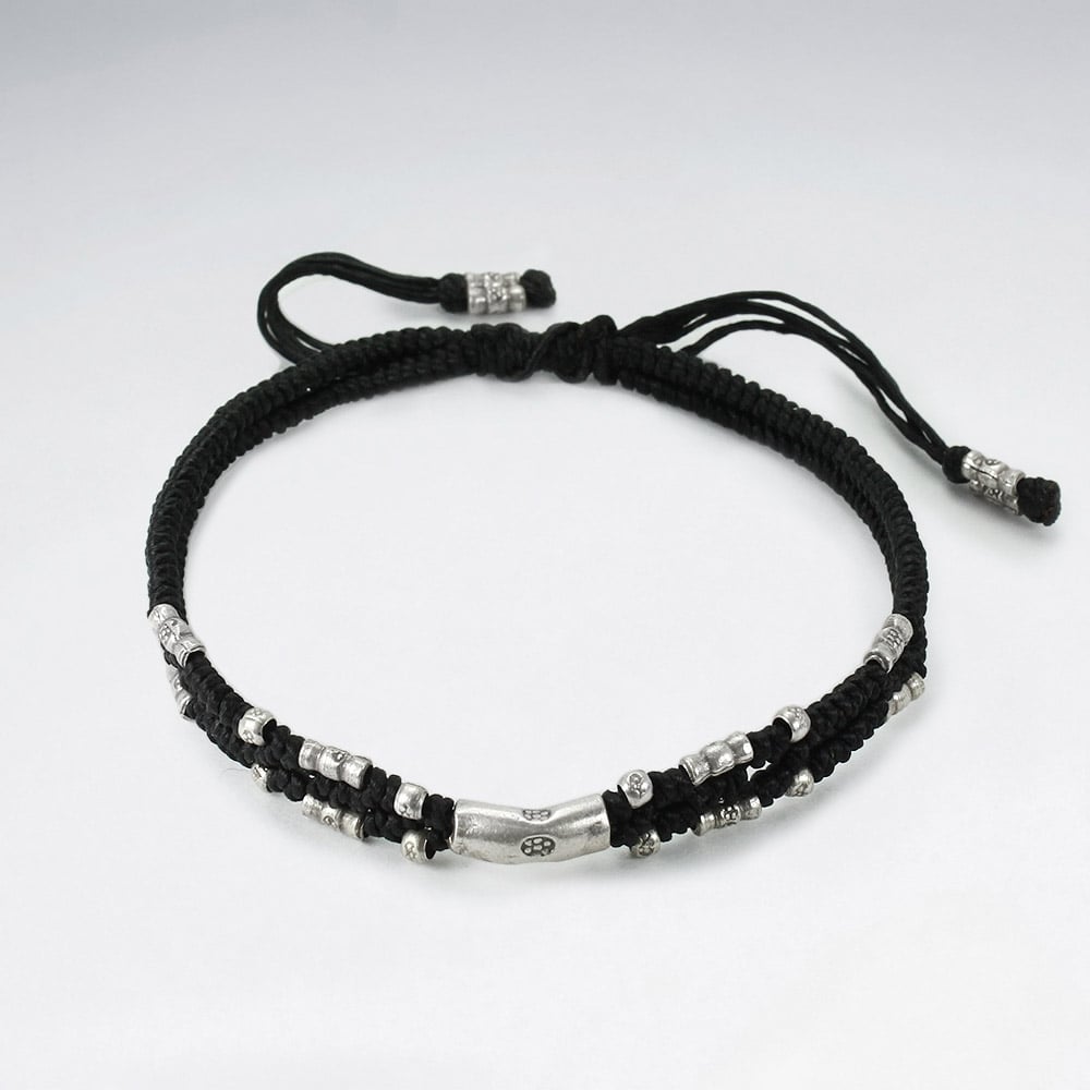 Black Waxed Cotton Silver Studded Bead Bracelet