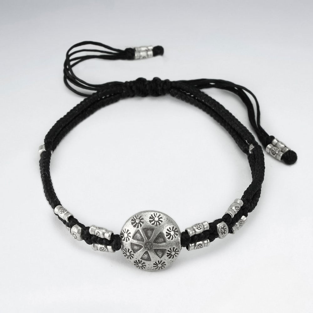 Black Waxed Cotton Silver Tribal Disc Bead Bracelet