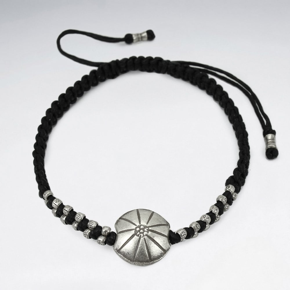 Black Waxed Cotton Silver Shell Circle Charm Bracelet
