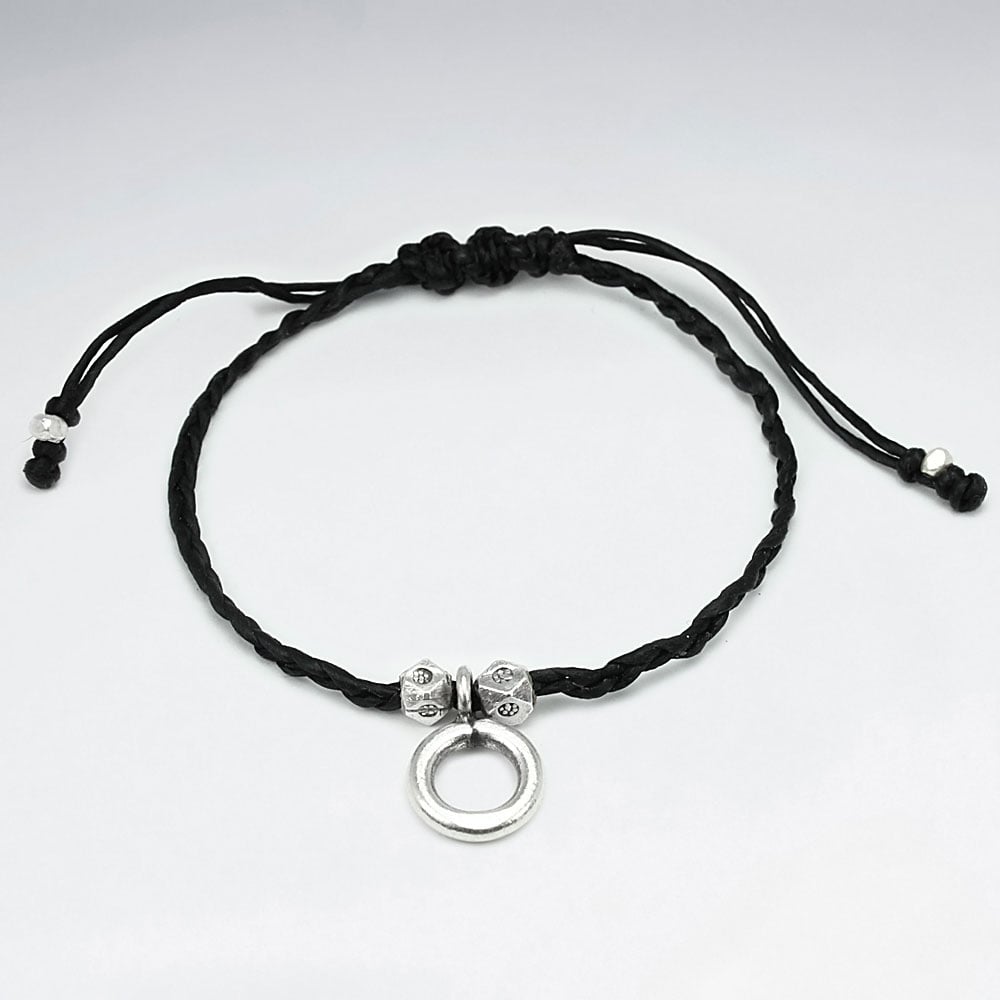 Black Waxed Cotton Open Circle Charm Simple Twist Bracelet