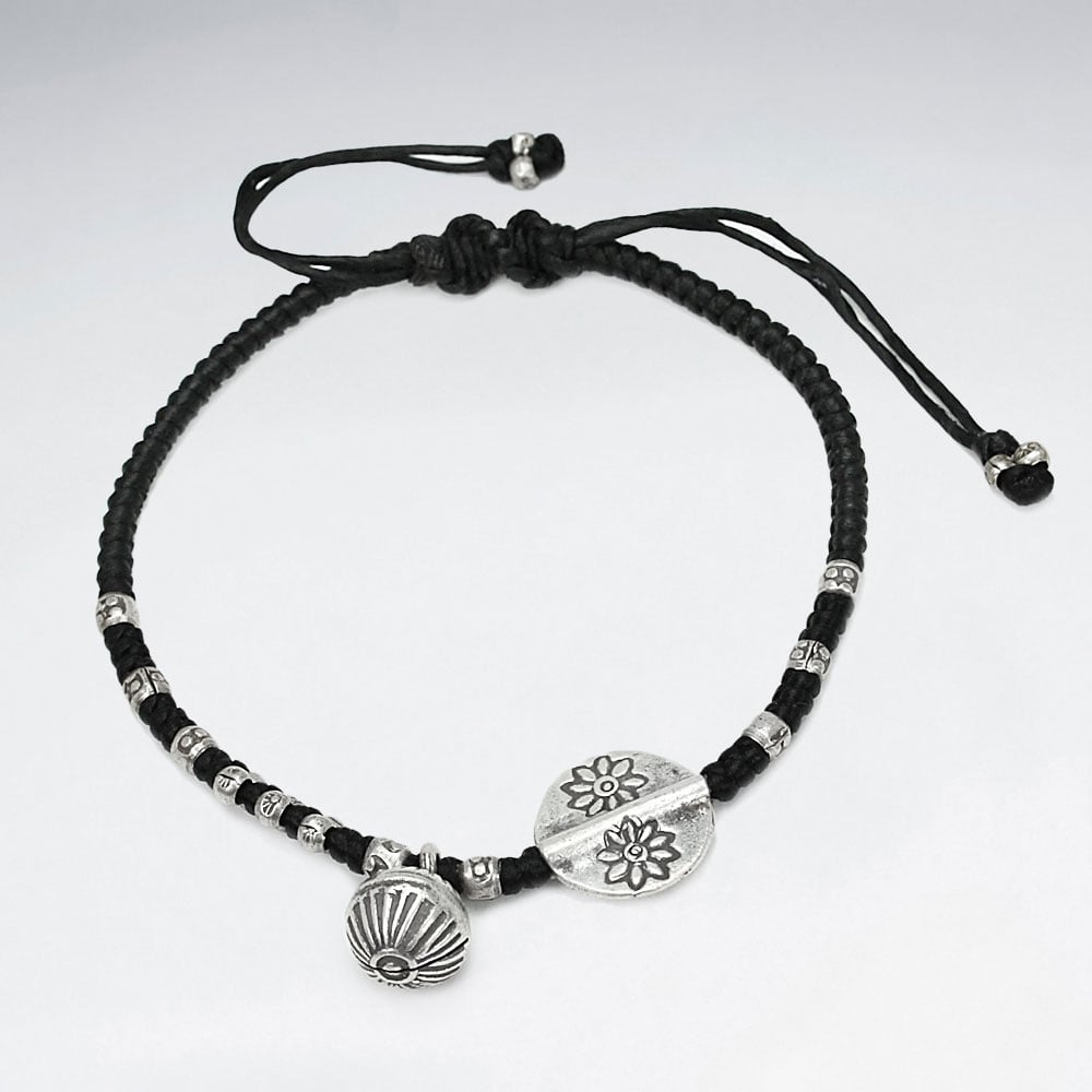 Black Waxed Cotton Open Shell and Flower Charm Twist Bracelet