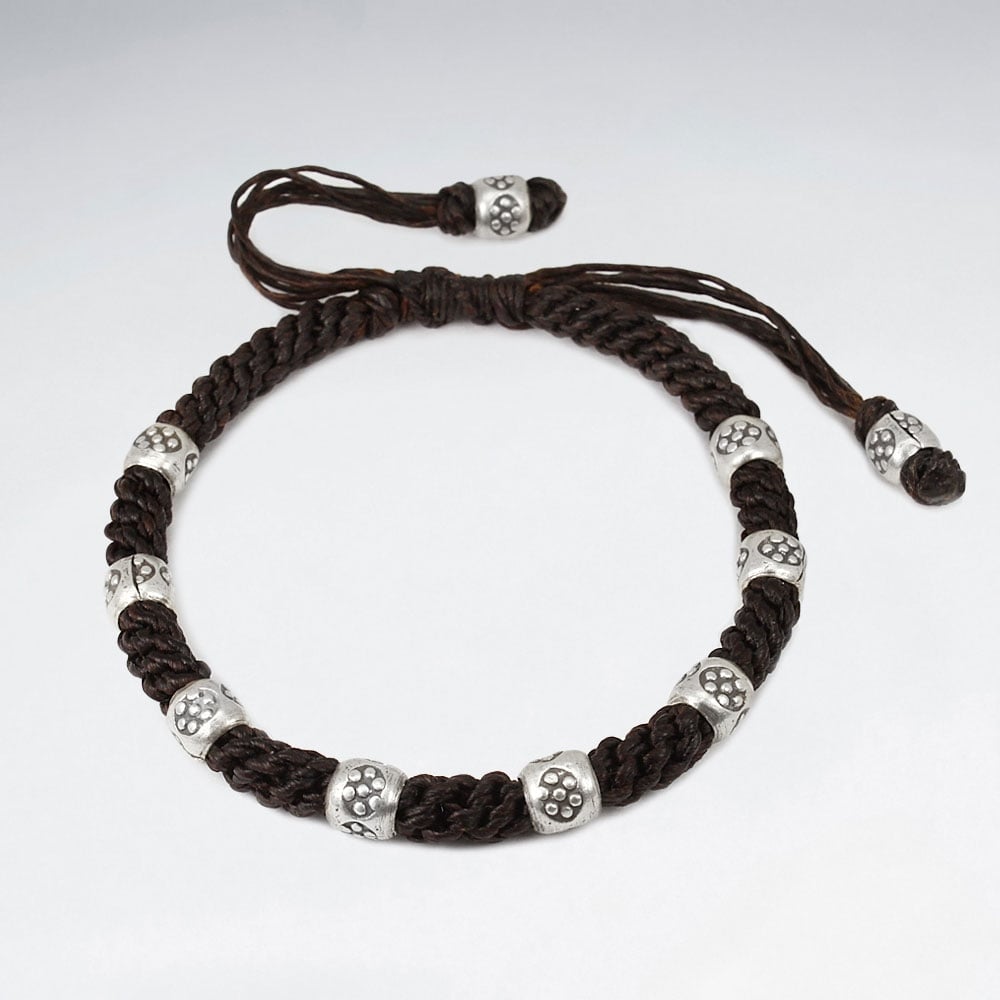 Brown Waxed Cotton Braid Twist Ornate Bead Bracelet