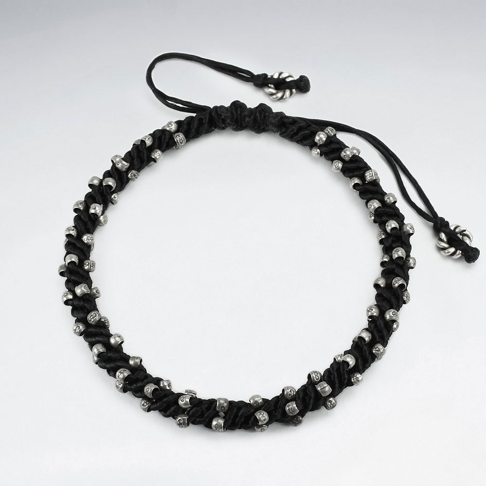 Black Waxed Cotton Wrapped Corded Bead Ball Bracelet