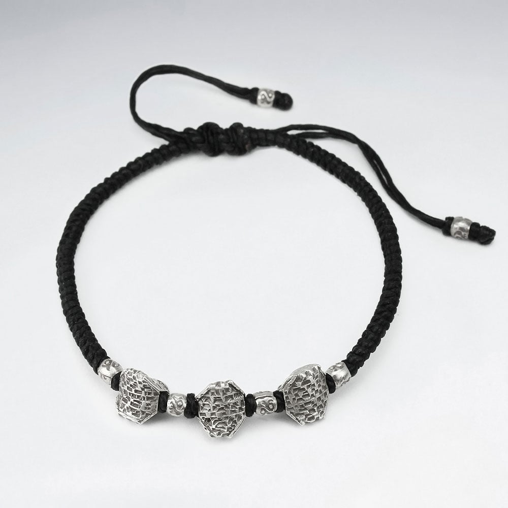 Black Waxed Cotton Wrapped Triple Bead Charm Bracelet