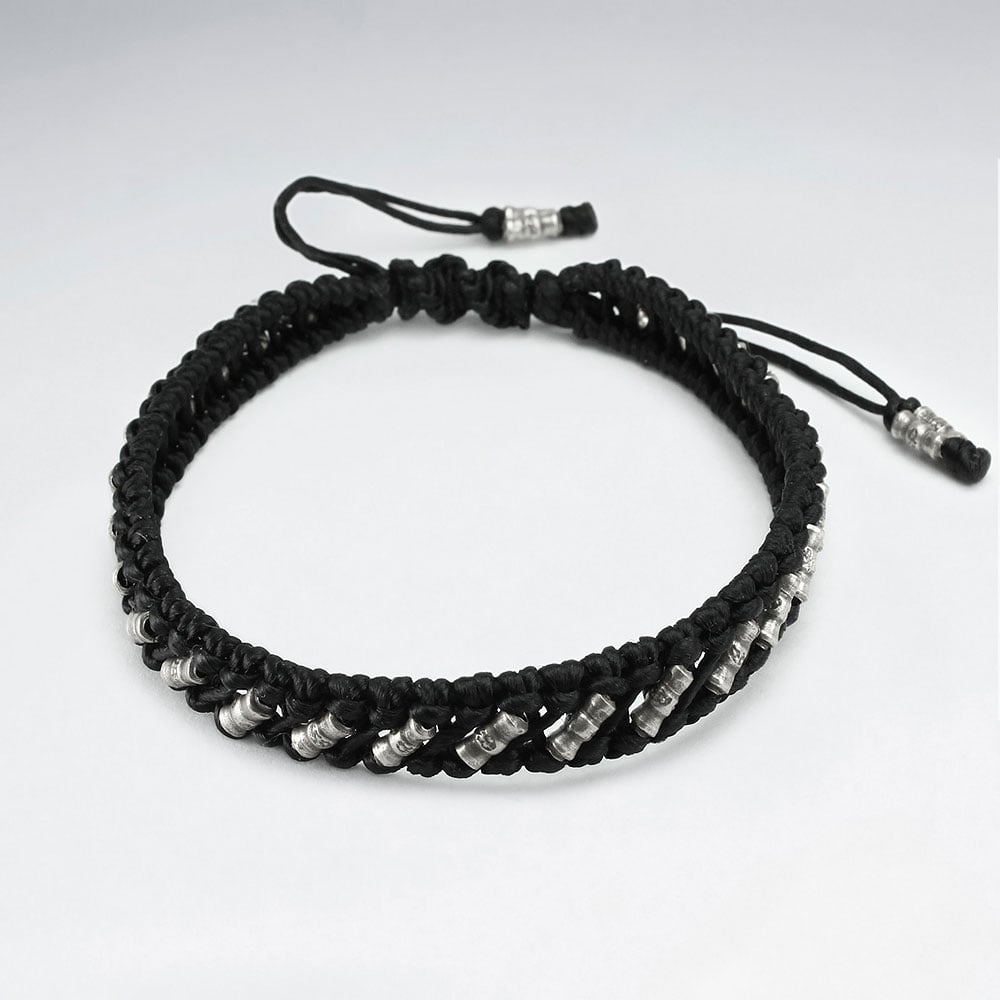 Wide Stylish Black Waxed Cotton Beaded Twist Wrap Bracelet