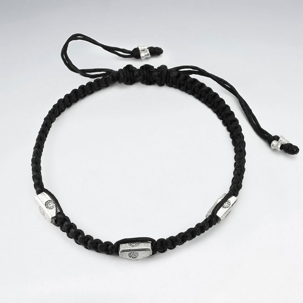 Stylish Black Waxed Cotton Beaded Silver Twist Bracelet