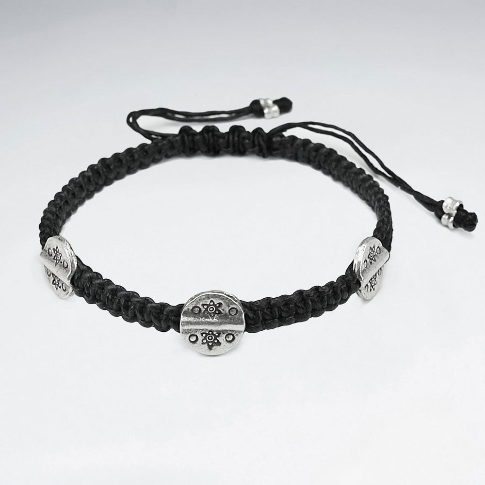 Black Waxed Cotton Circle Charm Twist Bracelet