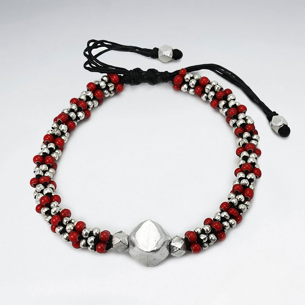 Black Waxed Cotton Red & Silver Bead  Motif Bracelet