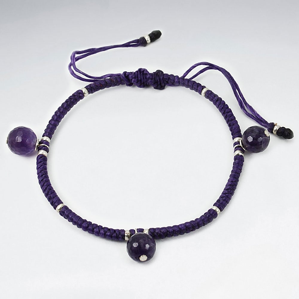 Purple Twist Waxed Cotton Amethyst Ball Bead Bracelet