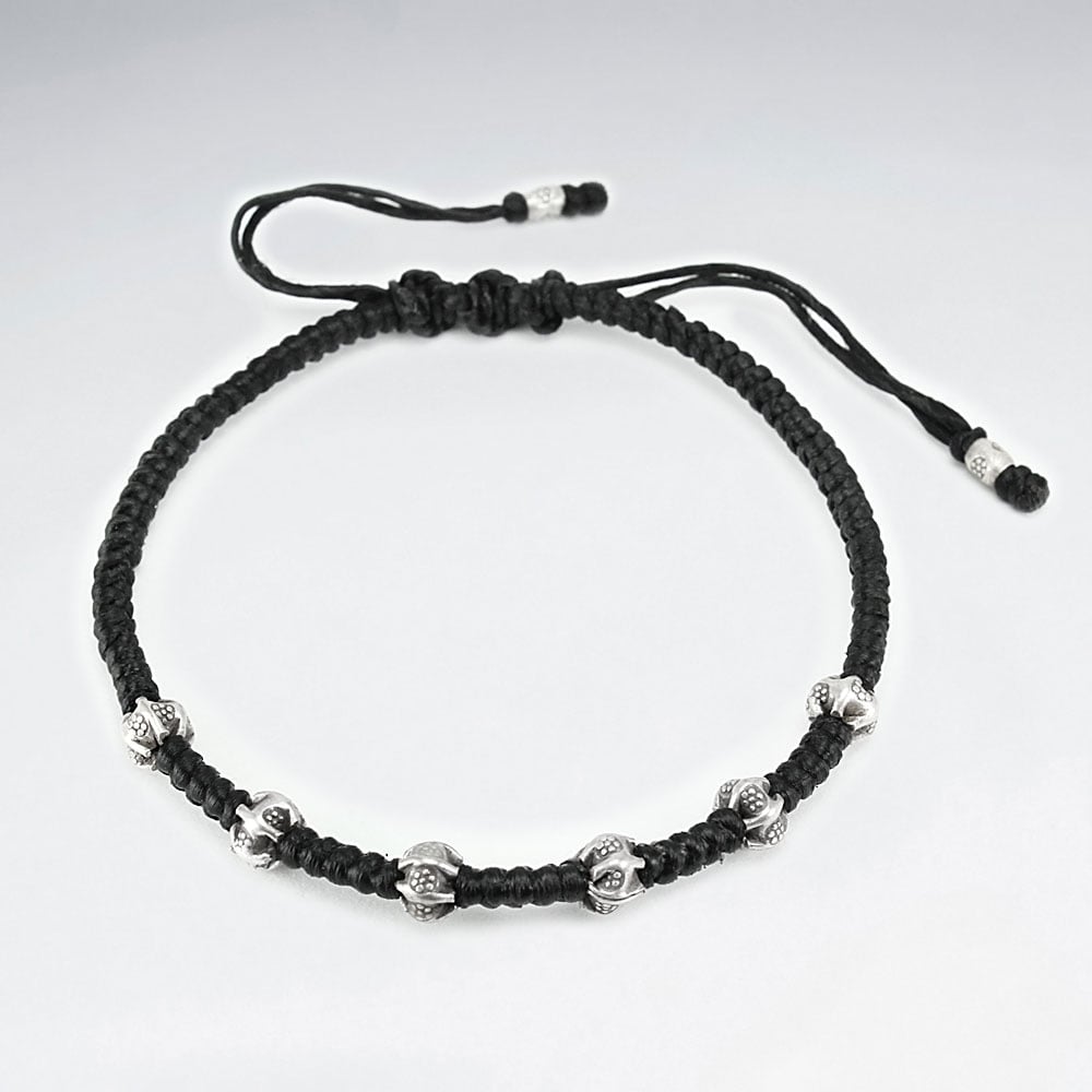 Black Waxed Cotton Silver Bead Ball Studded Charm Bracelet