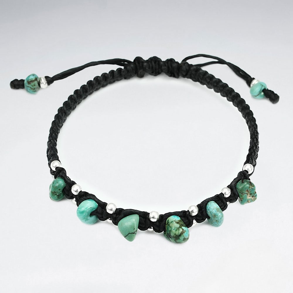 Black Waxed Cotton Turquoise & Silver Stone Bead Bracelet