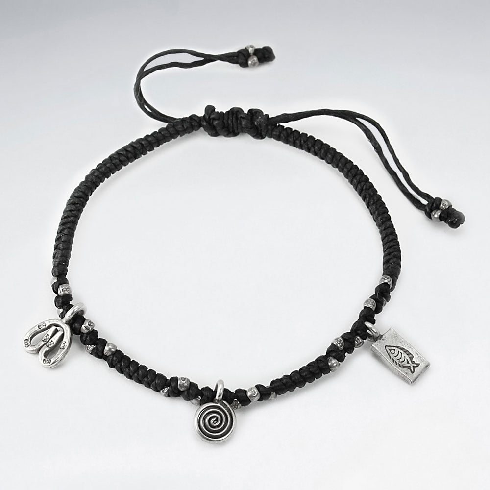 Black Waxed Cotton Silver Organic Spiral Fish Charm Stone Bead Bracelet