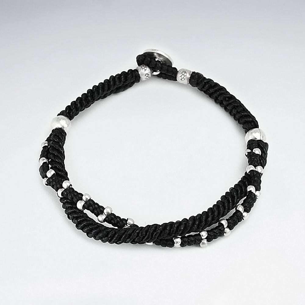 Black Double Strand Waxed Cotton Rope Bracelet