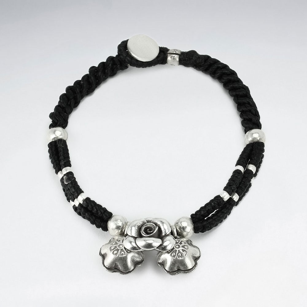 Black Double Waxed Cotton Silver Charms Rope Bracelet