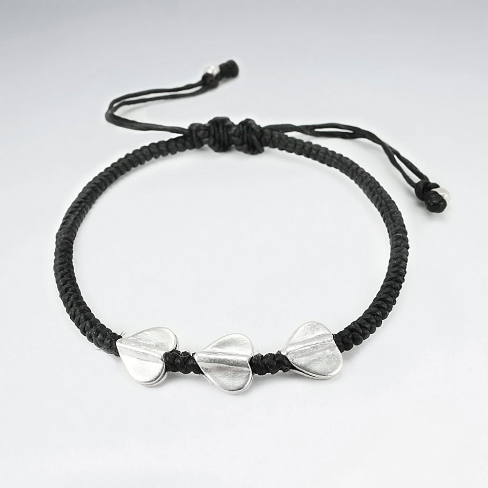 Black Waxed Cotton Rope Twist Sterling Hearts Bracelet