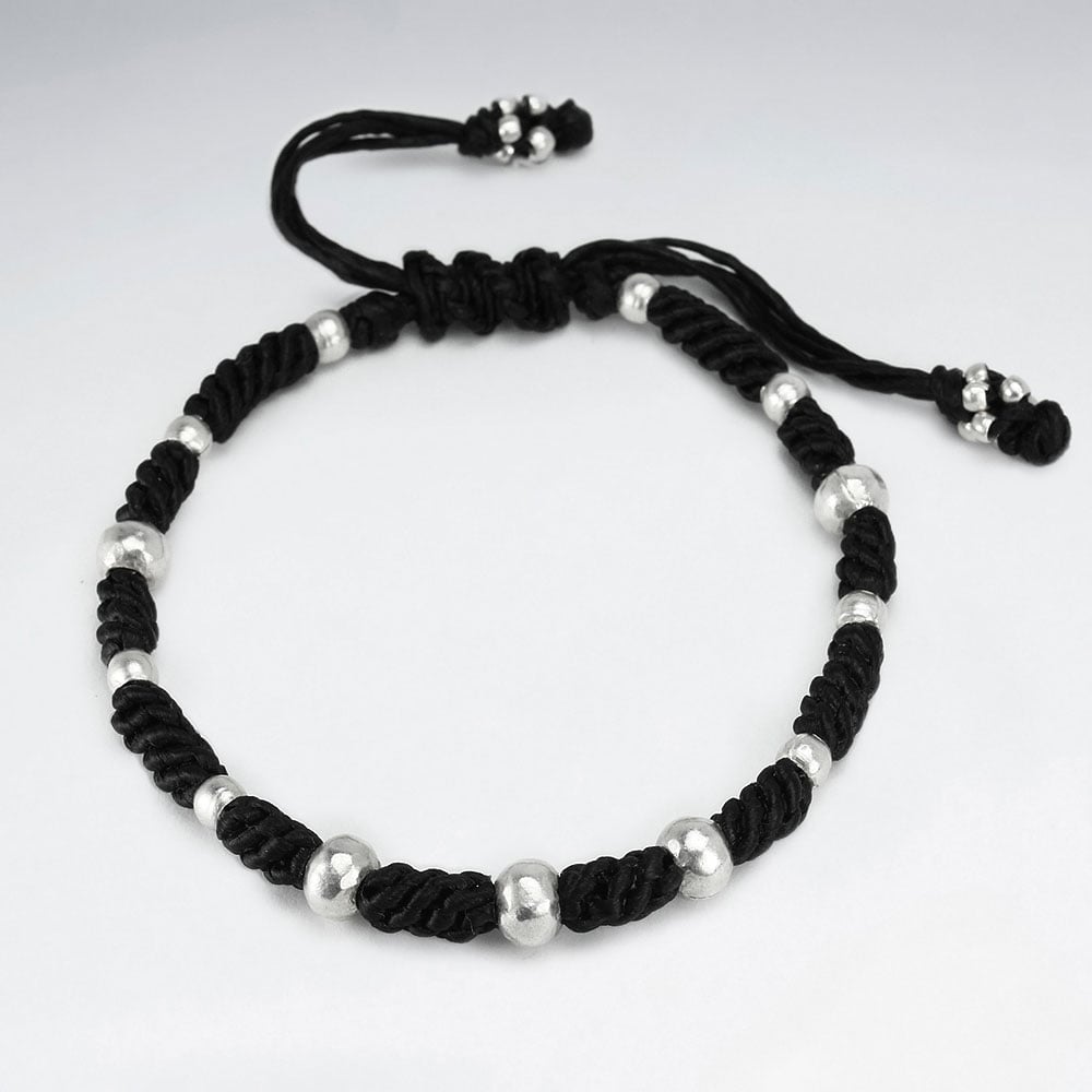 Black Waxed Cotton Rope Twist Sterling Beaded Bracelet