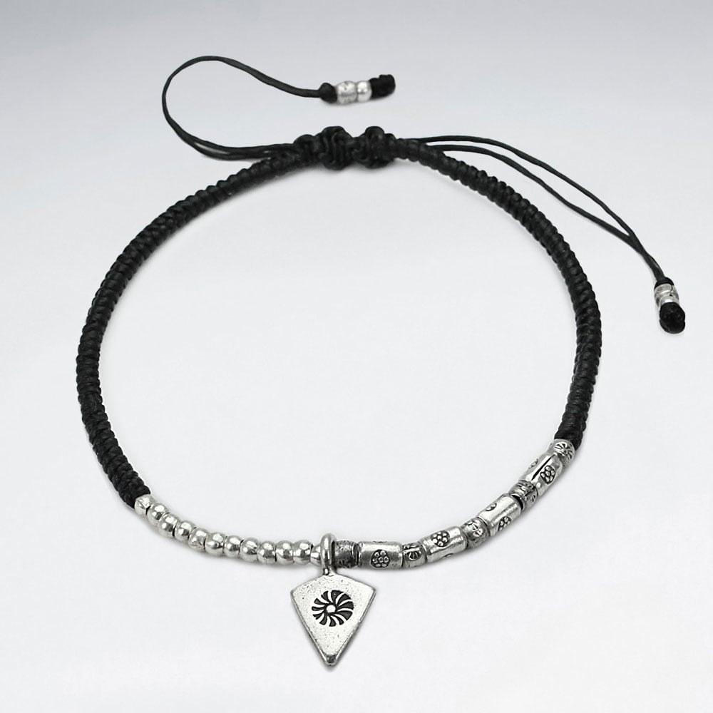 Black Waxed Cotton Rope Twist Silver Arrowhead Charm Bracelet