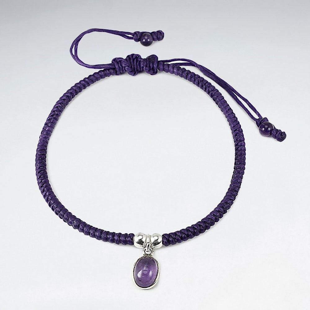 Purple Waxed Cotton Amethyst Stone Bracelet