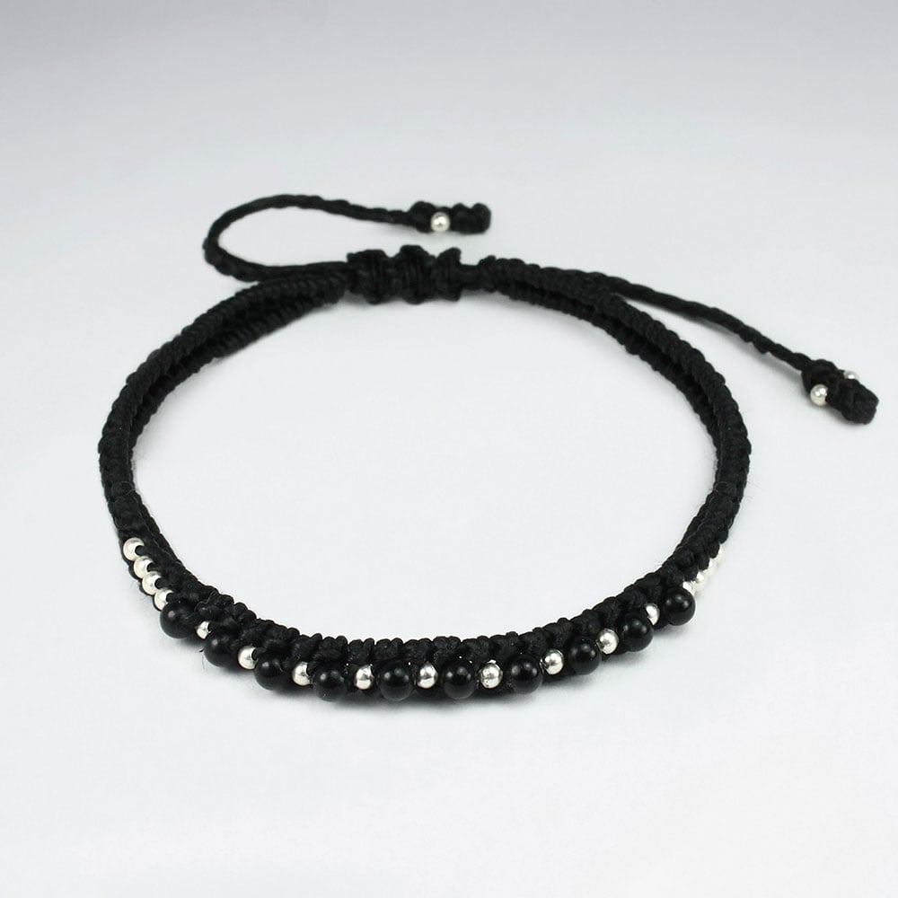 Thick Black Waxed Cotton Silver Studded Bracelet