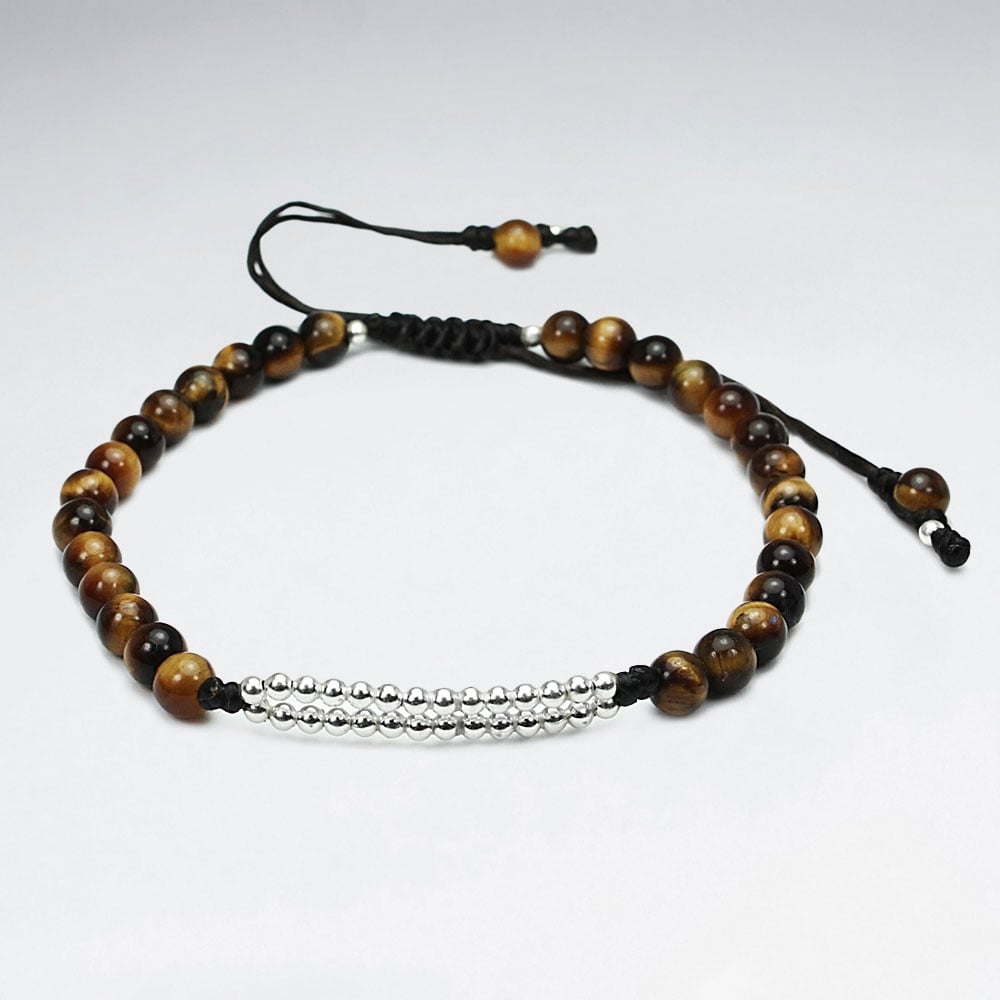 Black Waxed Cotton Tiger Eye Beaded Accent Bracelet