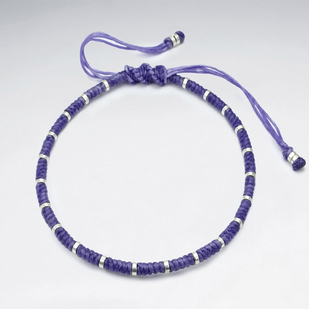 Waxed Cotton Braided Adjustable Silver Studded Bead Bracelet