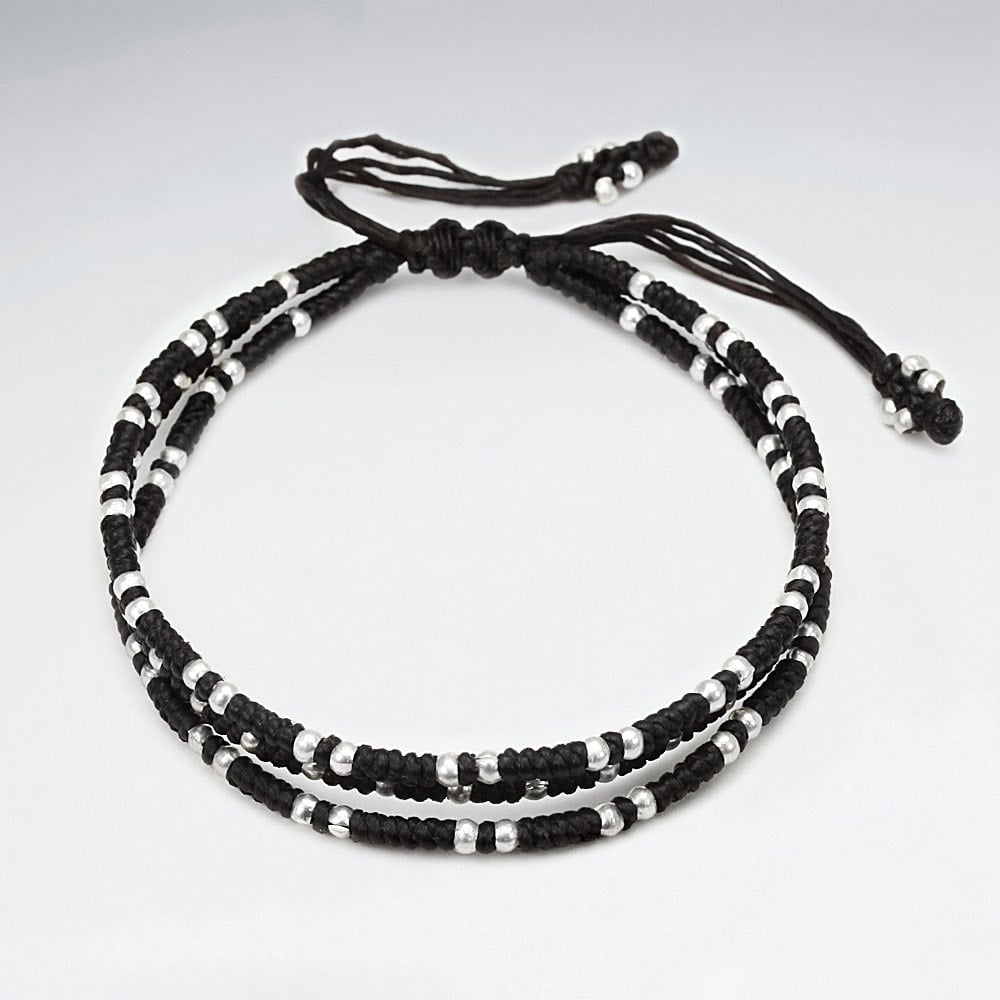 Waxed Cotton Silver Tribe Bead Bracelet