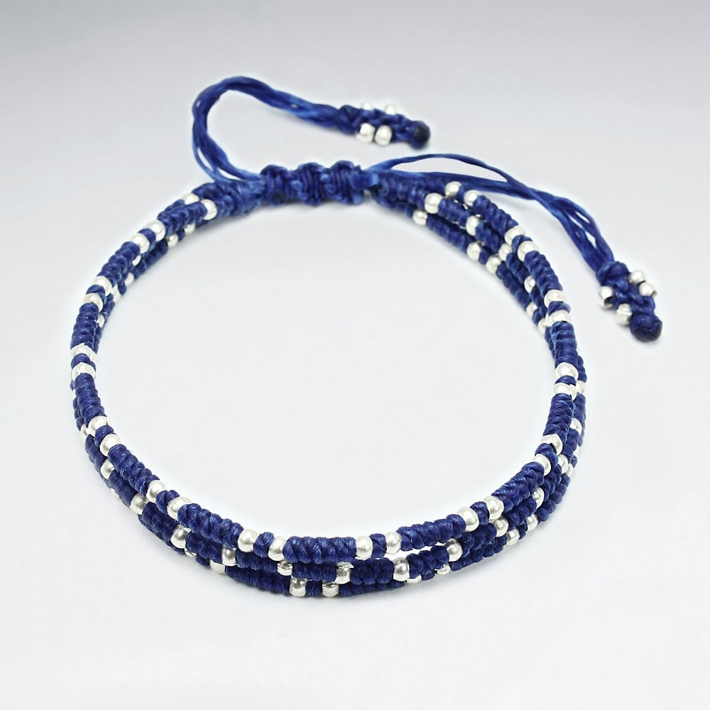 Waxed Cotton Silver Tribe Bead Bracelet