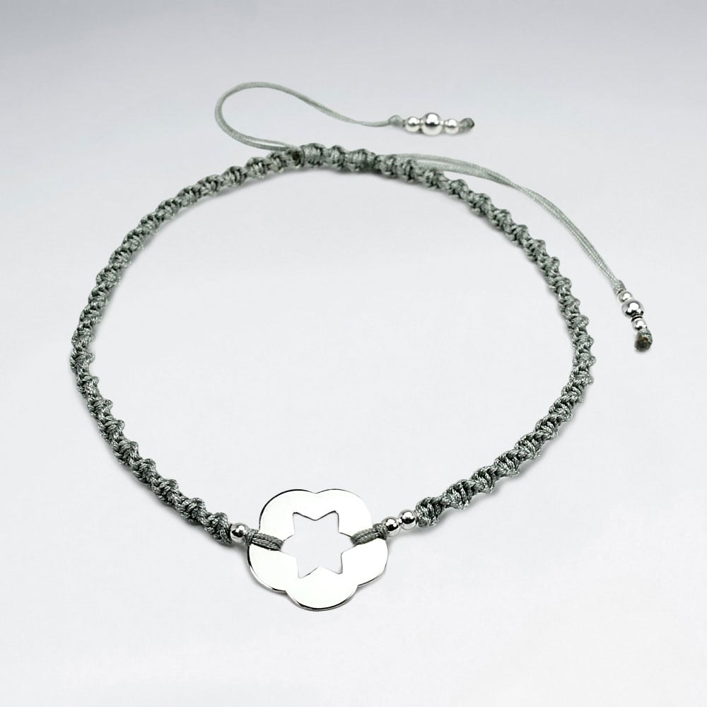 Silver Open Star Circle Charm Nylon Bracelet