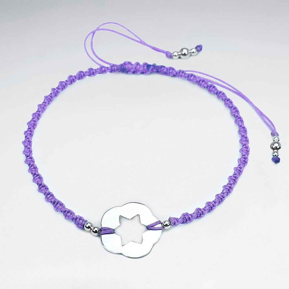 Silver Open Star Circle Charm Nylon Bracelet