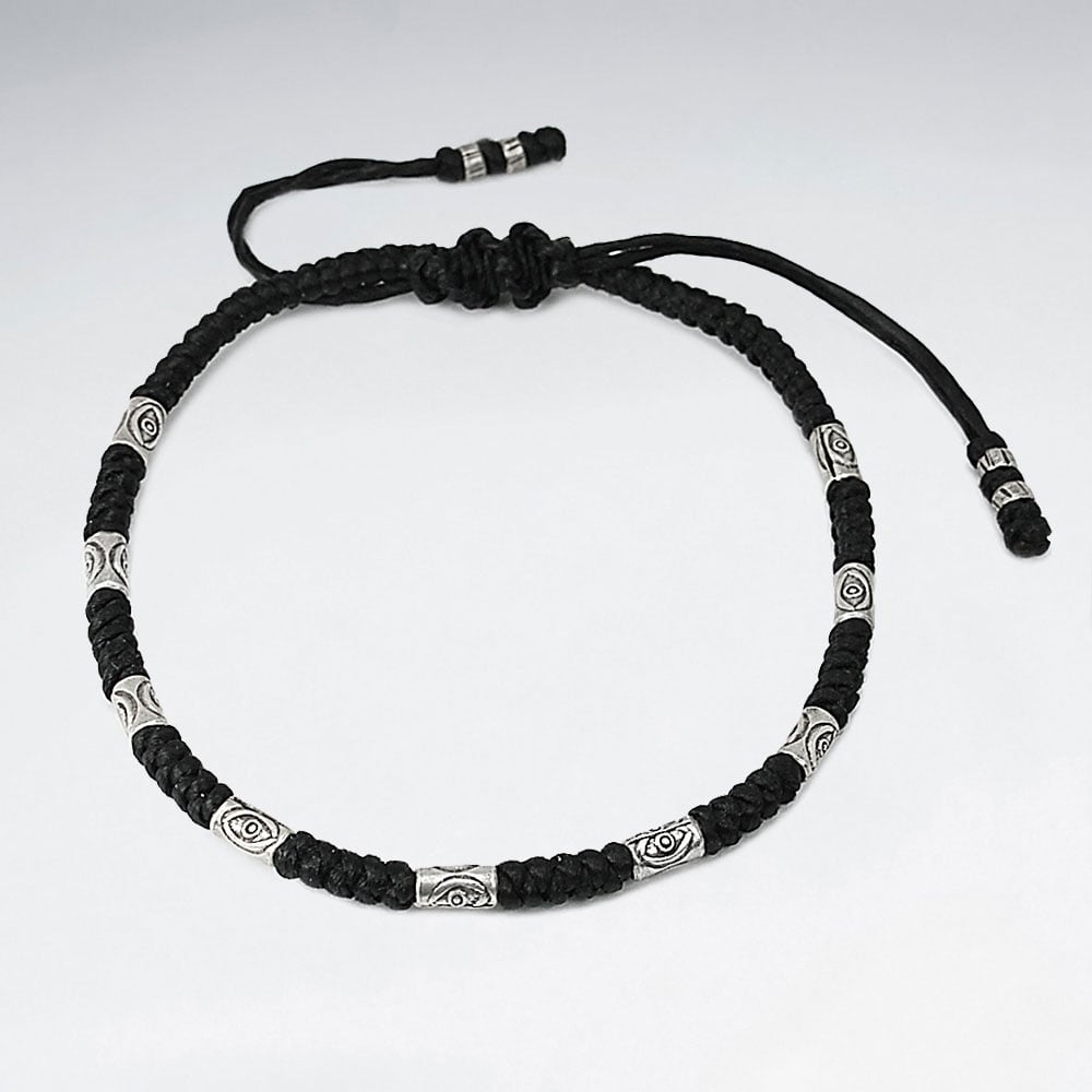 Waxed Cotton Ornate Silver Bead Bracelet
