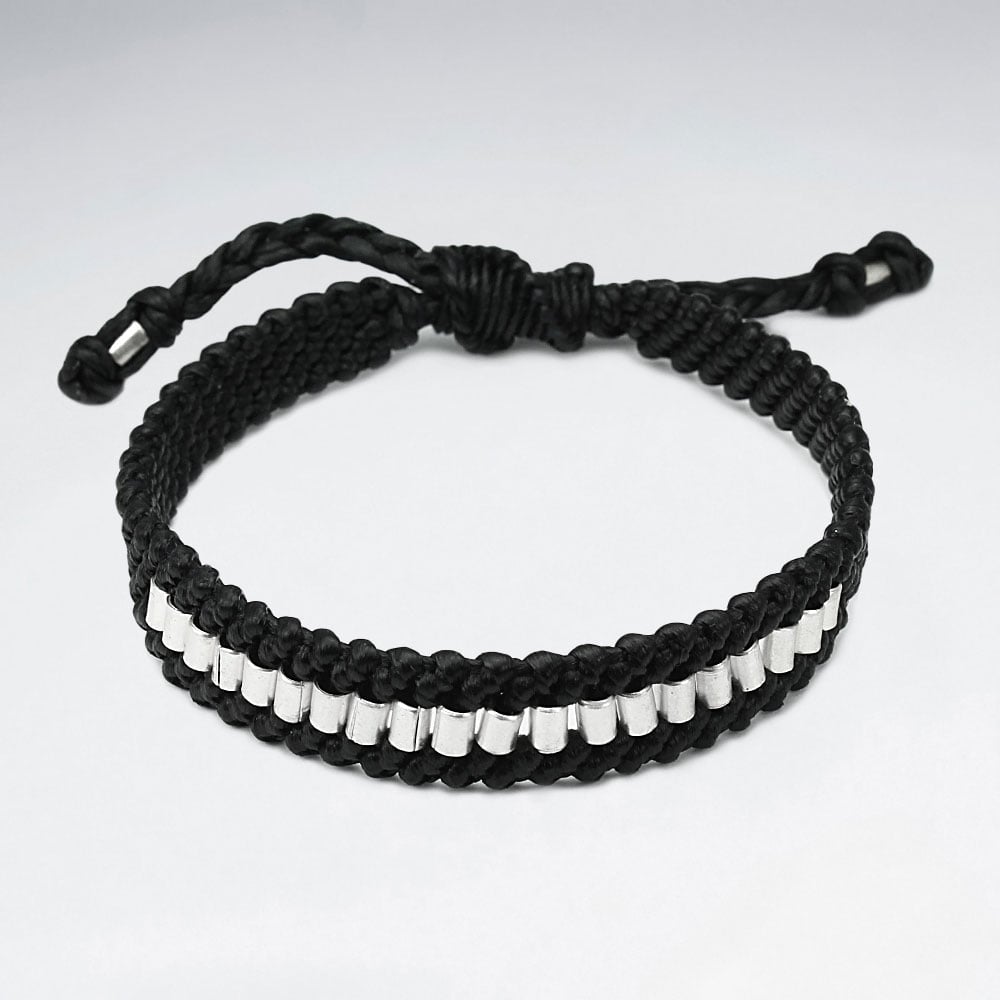 Wide Braided Waxed Cotton Silver Studded Bracelet