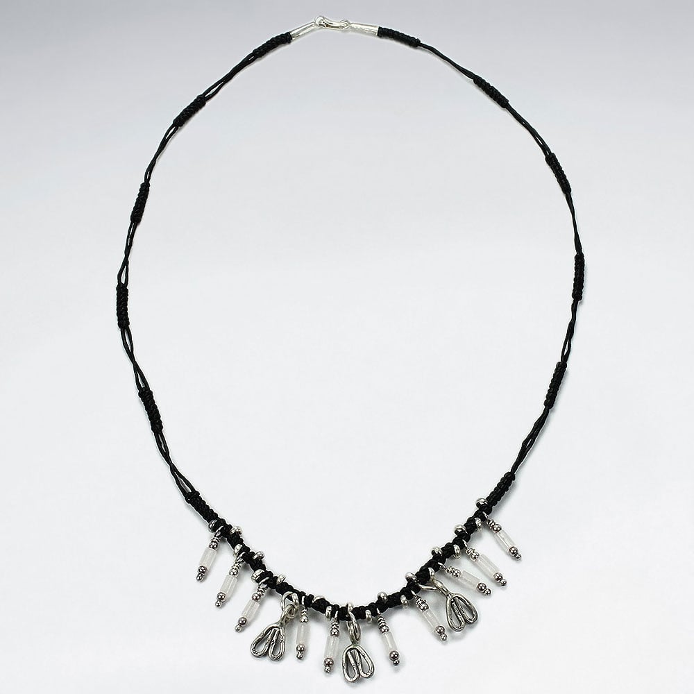 Black Waxed Cotton Fringe Charm Necklace