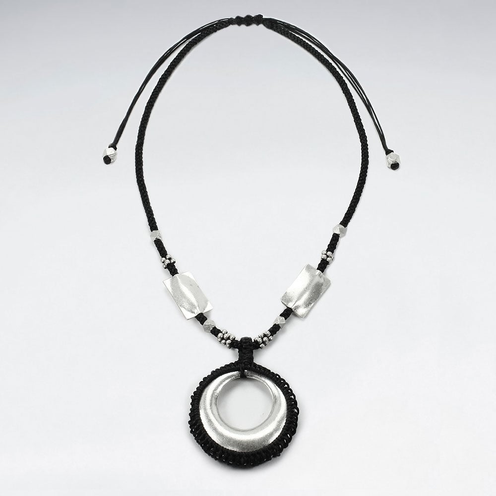 Black Waxed Cotton Open Circle Charm  Chunky Necklace