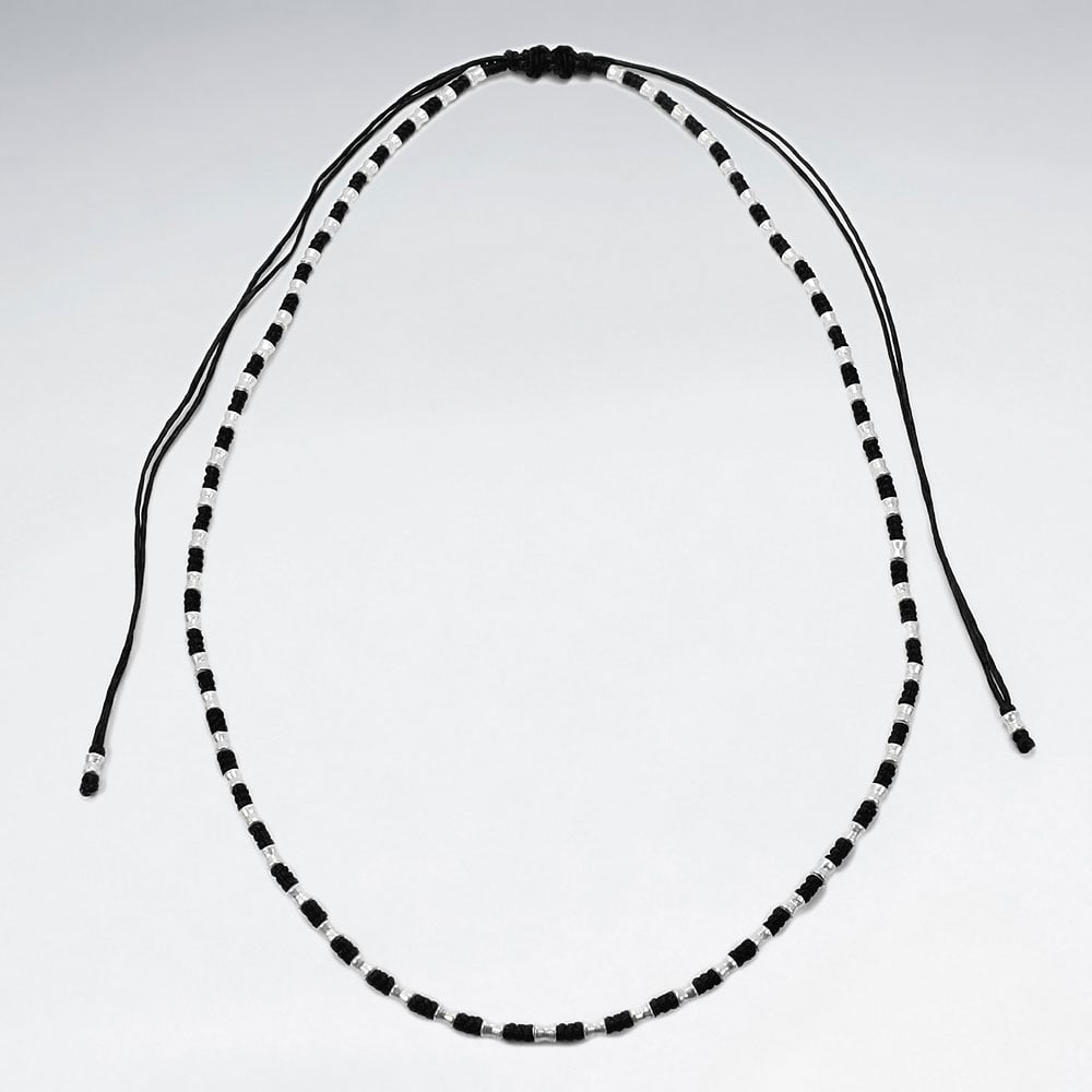 Waxed Cotton Silver Bead Studded Necklace