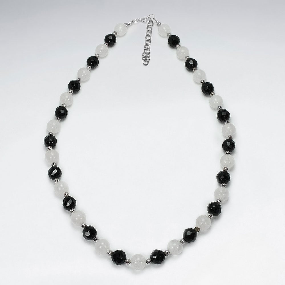 Sterling Silver Full Black Stone & Rose Quartz Beaded Necklace