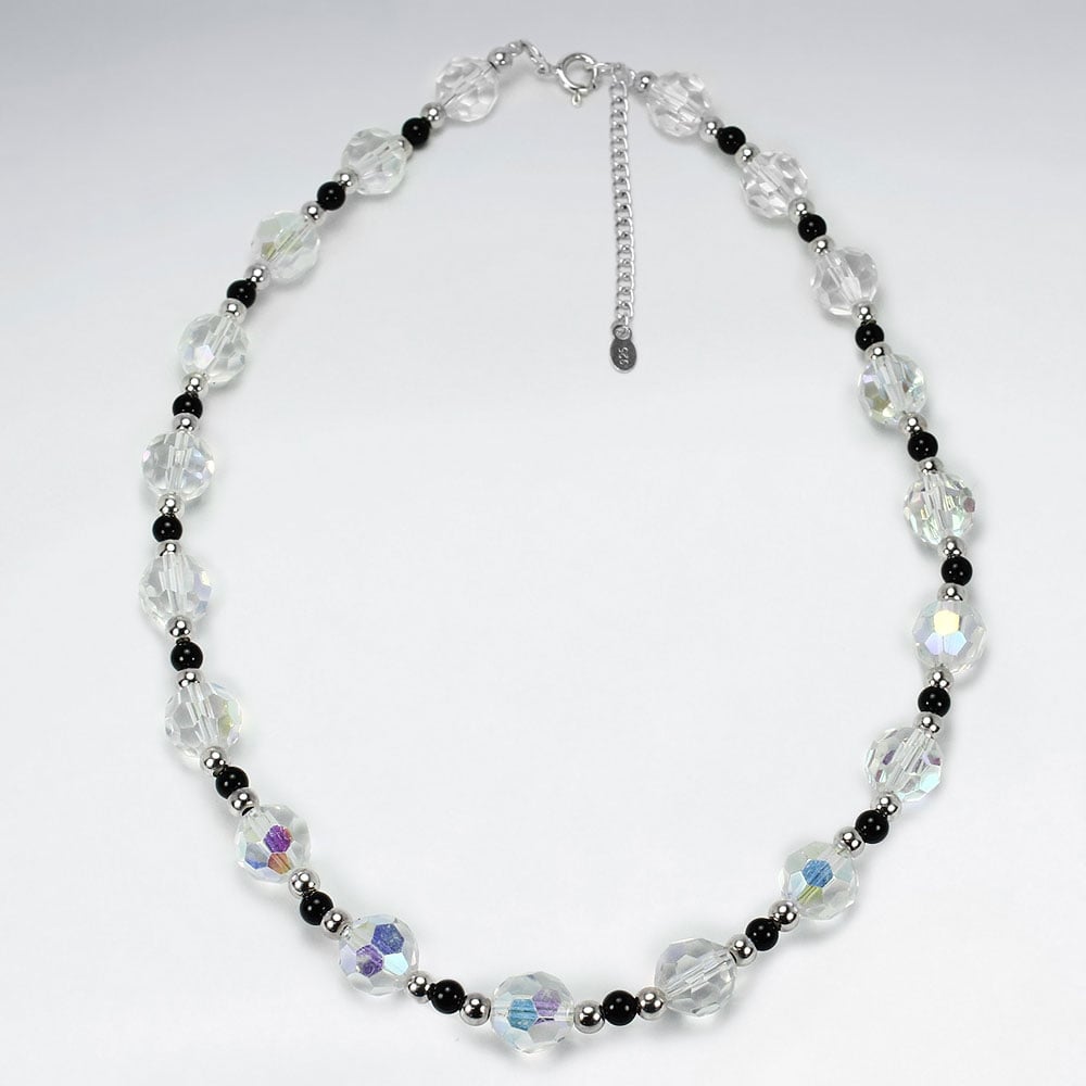 Silver Black Stone & Glimmering Crystal Necklace