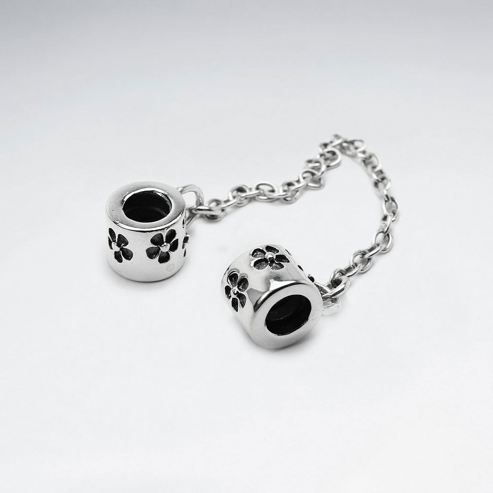 Cuffed Chain Flower Engraved Beads in Sterling Silver