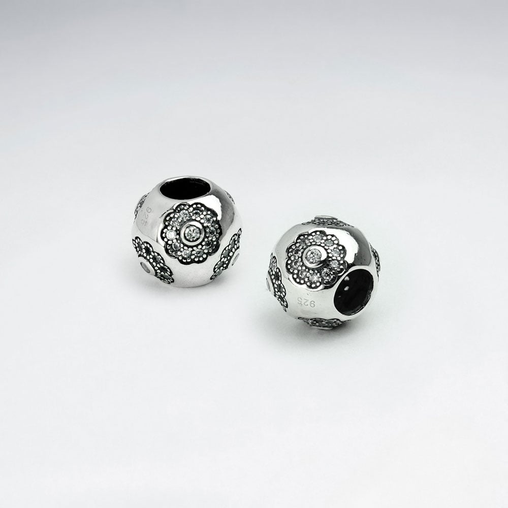 Sterling Silver & CZ Flower Embellished Rounded Beads