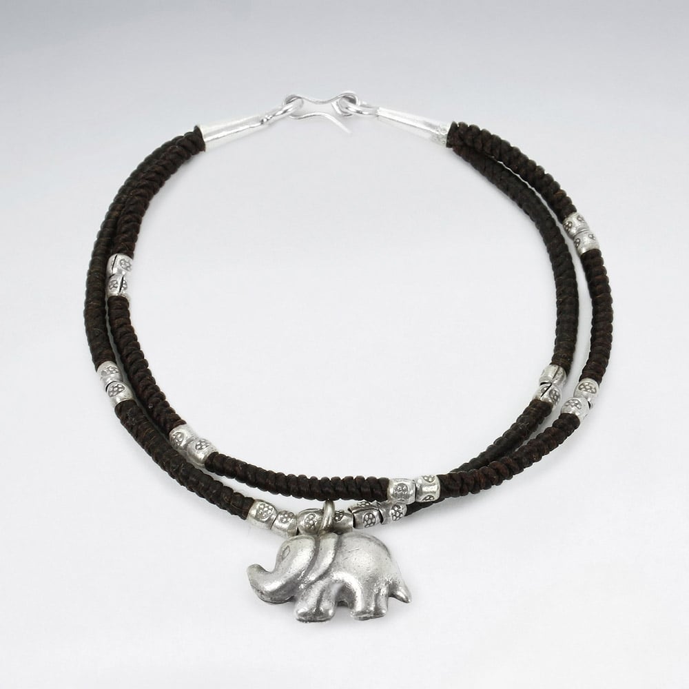 Waxed Cotton Double Strand Corded Silver Elephant Charm Bracelet