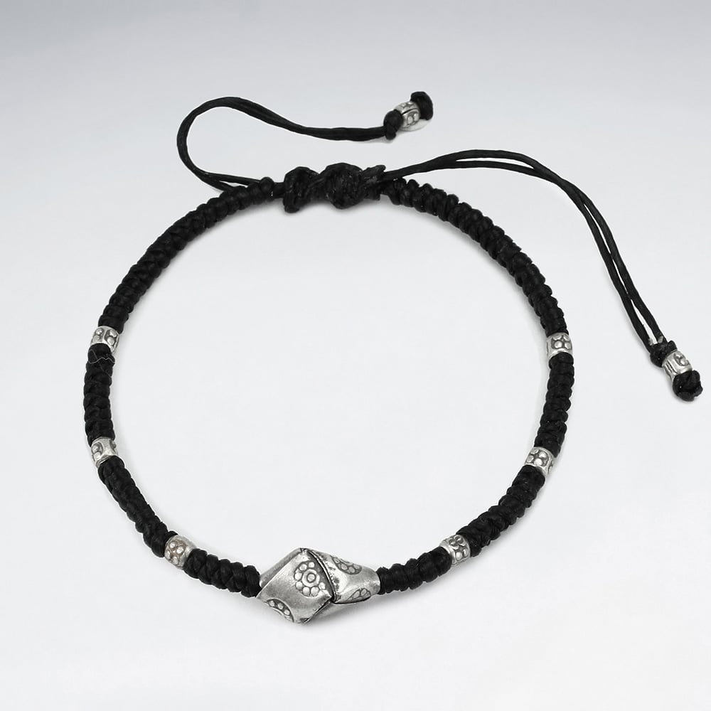 Black Waxed Cotton Silver Flower Adorned Bead Bracelet