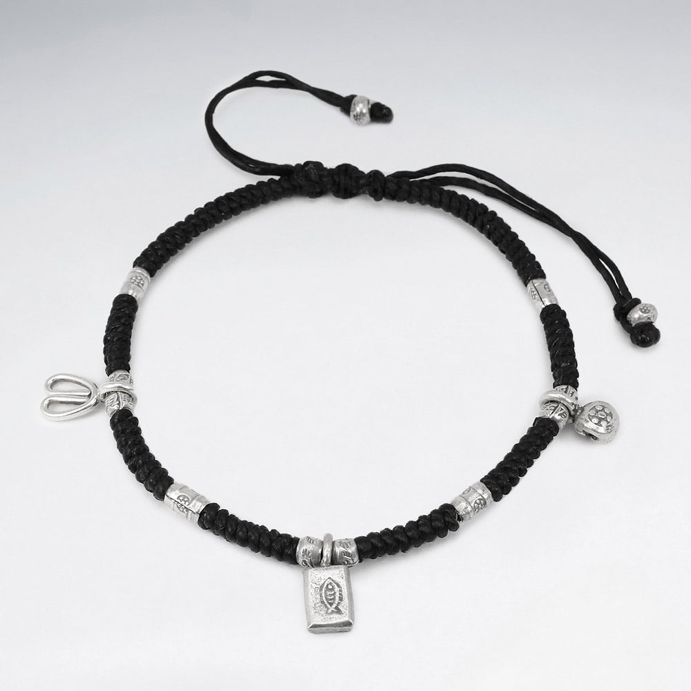 Waxed Cotton Mix Charm Studded Bracelet