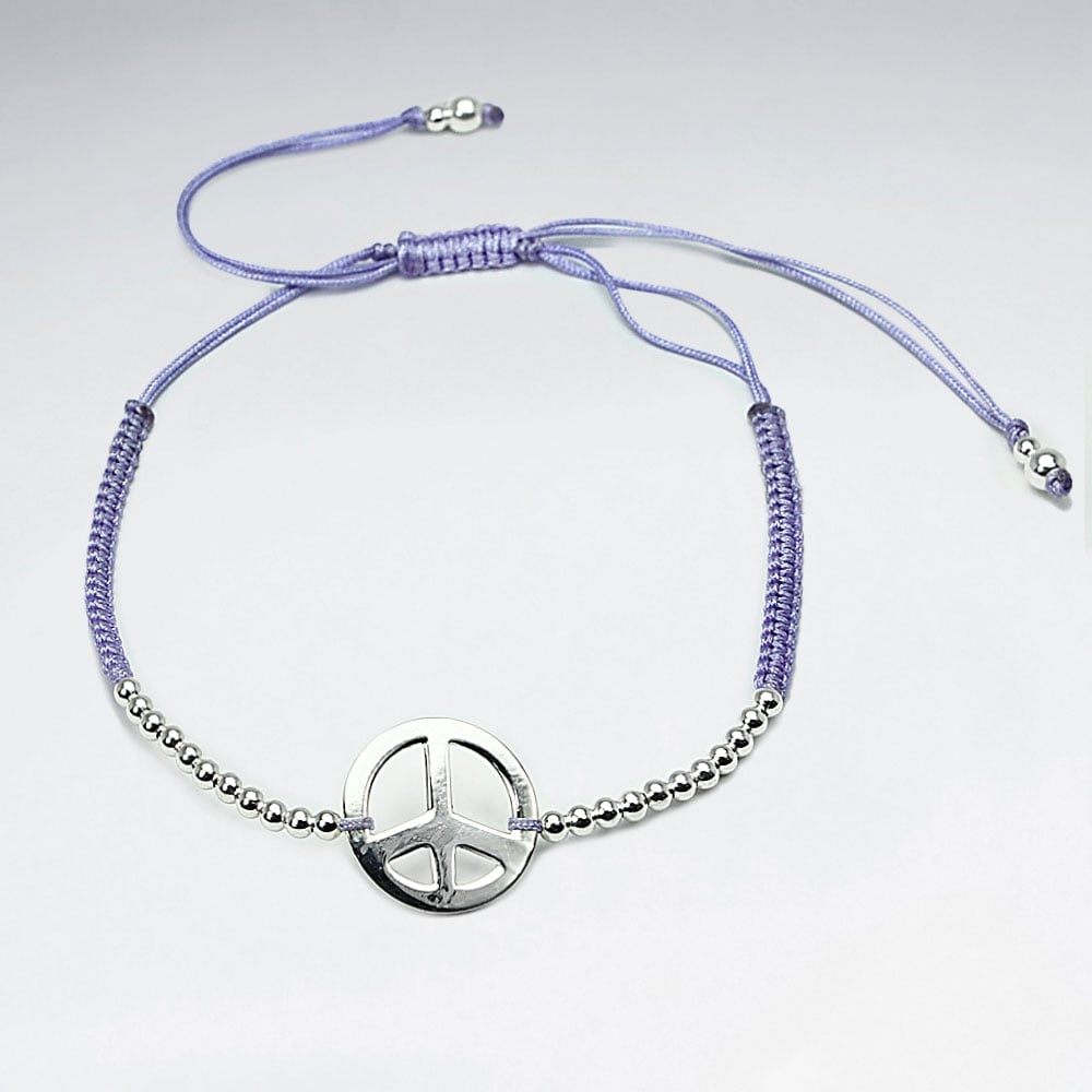 Purple Nylon Peace Sign Beaded Charm Bracelet